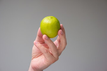 Fresh green lime held in hand by Caucasian male close up studio shot isolated on gray background