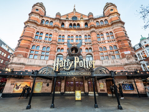The Palace Theatre, West End, London, UK. The façade to the popular theater with Harry Potter and the Cursed Child in production.
