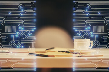 Double exposure of technology theme drawing and desktop with coffee and items on table background. Concept of high tech.