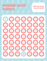 Math number maze puzzle. Prinatble math worksheet page. Easy colorful math worksheet practice for kids in preschool, elementary and middle school.