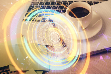 Double exposure of technology theme drawing and desktop with coffee and items on table background. Concept of high tech.