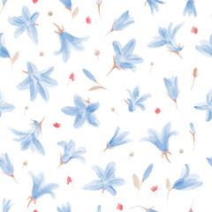 Cute and simple botanical seamless pattern, wild meadow flowers bells. Watercolor hand painted floral background with leaves, flowers and herbs