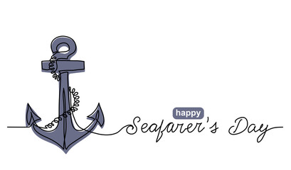 Anchor with rope simple vector banner, poster, background. One continuous line drawing of sea sign anchor and text happy Seafarers day © alstanova@gmail.com