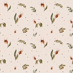 Beautiful watercolor floral seamless pattern with brown rosehips, green leaves and dots on the beige background. Rustic hand-drawn nature ornament for wrapping paper, fabric, paper for scrapbooking