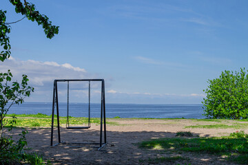 Fototapeta na wymiar An empty swing is in the shade of a tree among the green grass and earth in the sunlight against the background of the blue sea and sky with clouds. no one