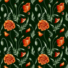 Digital watercolour seamless pattern with red wild poppies, seedpods, buds, and green leaves on the dark green background. Colorful endless pattern for textile or wedding wrapping paper.