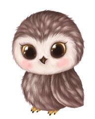Cute owl isolated on white. Hand drawn baby animal 