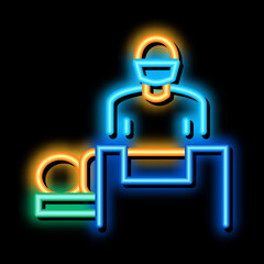 surgeon nad patient on surgical table neon light sign vector. Glowing bright icon surgeon nad patient on surgical table sign. transparent symbol illustration