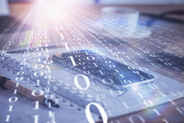 Double exposure of data theme drawing and mobile phone background. Concept of innovation