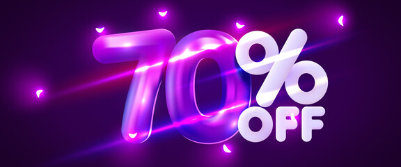 70 percent Off. Discount creative composition. 3d mega sale symbol with decorative objects. Sale banner and poster.