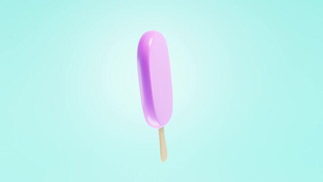 Pink ice cream on wooden stick isolated on isolated blue background. Popsicle covered in fruity frosting in raspberry, strawberry or cherry flavors, summer cold dessert frozen. Realistic 3d animation