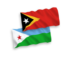 National vector fabric wave flags of Republic of Djibouti and East Timor isolated on white background. 1 to 2 proportion.