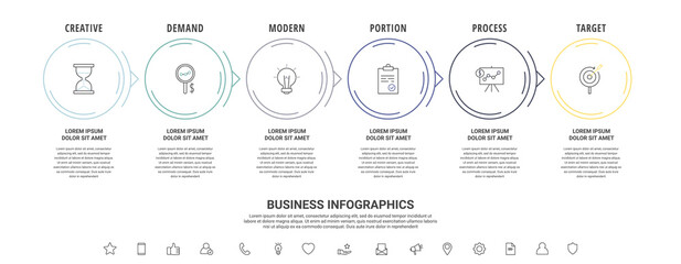 Thin line vector infographics with six circles and arrows. Timeline template with 6 steps for the app, business, website, interface, chart, levels, web, diagram, banner, presentations
