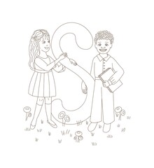 Cheerful schoolchildren are holding a big letter S.