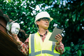Technician installing IP  wireless CCTV camera installing security equipment water proof cover to...