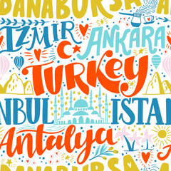 Around the World. TURKEY vector lettering seamless pattern. Country and major cities. Vector illustration
