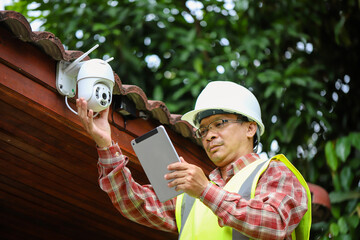 Technician installing IP  wireless CCTV camera installing security equipment water proof cover to...