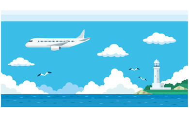 飛行機と海と灯台のイラスト素材