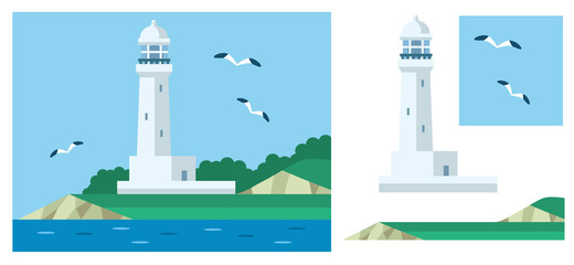 灯台と海とカモメのイラスト素材