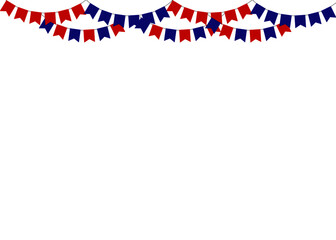 Obraz premium Party decorating concept with red and blue pennants hanging above. Vector illustration with copy space for your text. Greeting or Party invitation with carnival flag garlands.