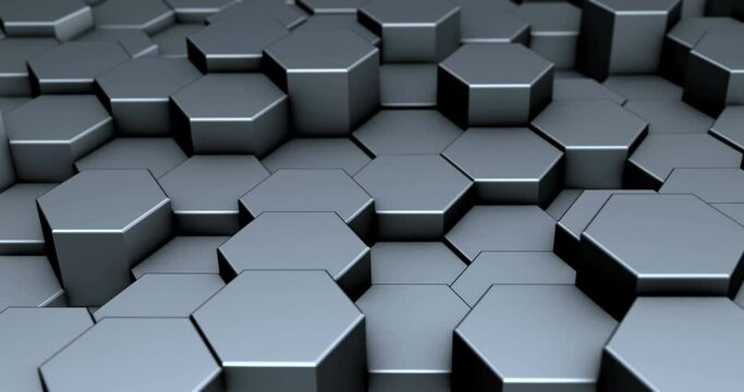 This stock motion graphics video shows the movement of big steel hexagons in a single structure.