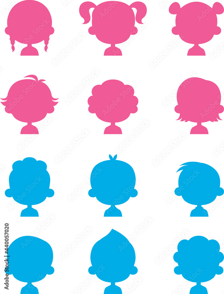 Wall mural сhildren characters unknown avatars vector set. portraits of anonymous kids users black silhouettes 