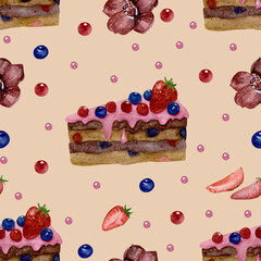 Cake tile of Seamless Pattern with Orchid Flowers, Berries on a white background. Fabric Print. 