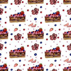 Cakes Pattern. Watercolor hand-drawn Seamless Pattern with Sweets, Orchid flowers, strawberries, blueberries on a white background. Perfect for wrapping, scrapbooking, wallpaper, decor. 