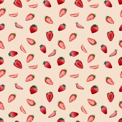 Watercolor hand-drawn Seamless Pattern with Strawberries on a beige background. 