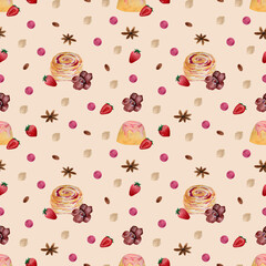 Watercolor hand-drawn Seamless Pattern with Sweet Desserts, Berries, Orchid Flowers on a beige background. 