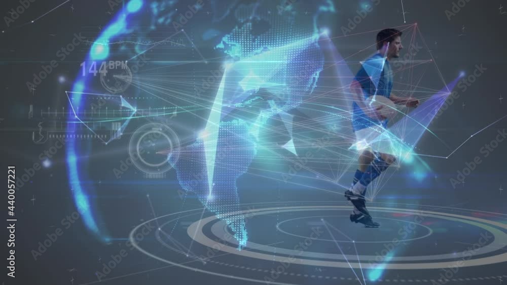 Poster animation of glowing globe, scanner over rugby player running with ball and information processing
