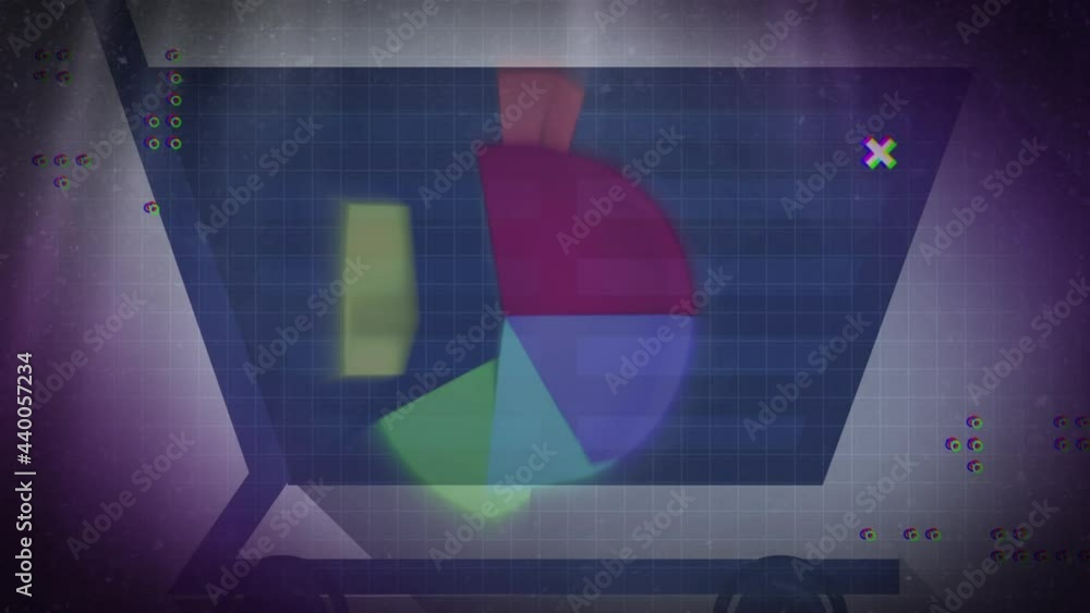 Poster animation of moving lights, qr code and pie chart over shopping cart icon on online interface
