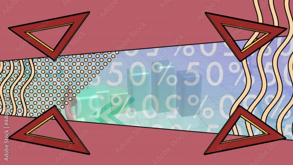 Poster animation of pink copy space and moving shapes over fiance and business graphs and statistics