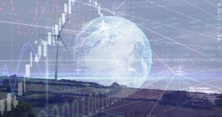 Animation of network of connections and information processing over wind farm and globe - Powered by Adobe
