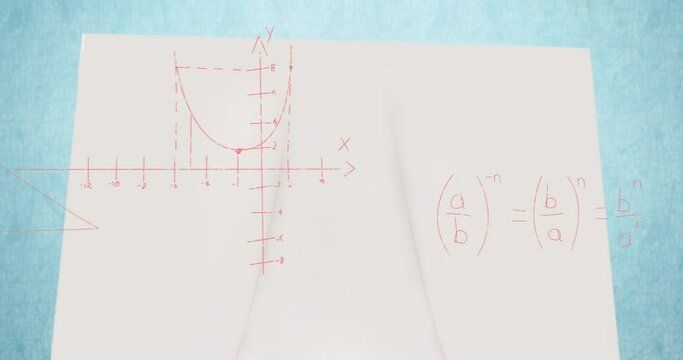Animation of handwritten maths formulae and calculations moving over blank paper on blue desk top