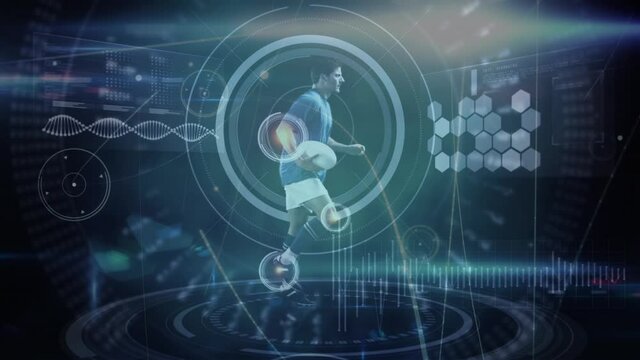 Animation of scanner over rugby player running with ball and information processing
