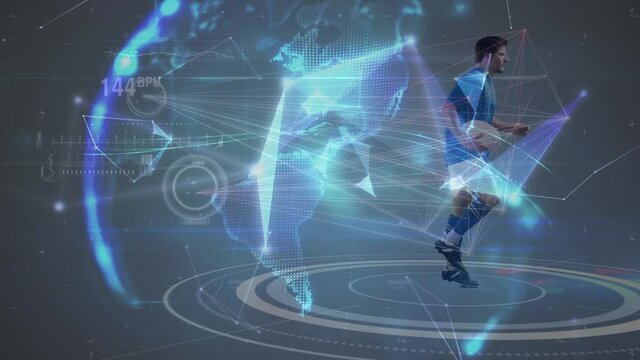 Animation of glowing globe, scanner over rugby player running with ball and information processing