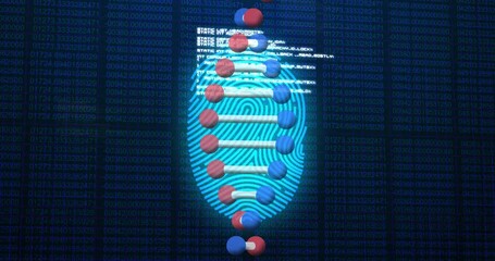 Animation of scanning fingerprint, with 3d dna strand and research data processing on black - Powered by Adobe