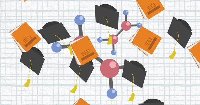Animation of notebooks and graduation hats on squared paper