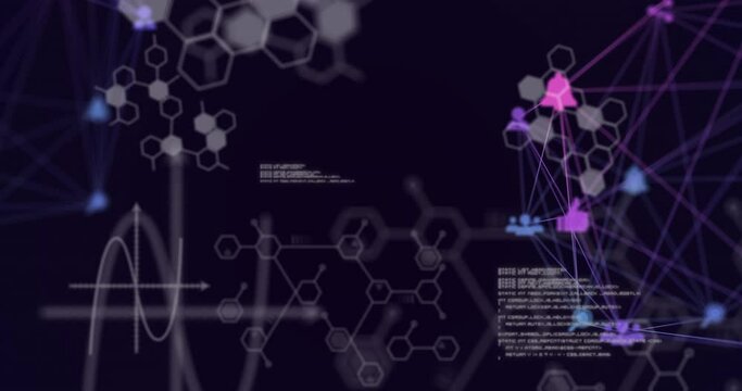 Animation of network of connections with icons and information and data processing on black