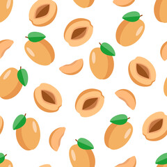 seamless pattern Set of apricots whole with a leaf, half an apricot with a stone and a slice. Vector illustration of ripe delicious berries.