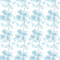 Isolated bloom seamless pattern with blue outline clover leaves shapes. White background. Simple style.