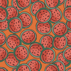 Fresh red abstract watermelon half print seamless pattern. Orange background. Tropical summer food print.
