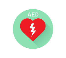 AED vector icon. Emergency defibrillator sign. Red heart electricity. Vector illustration.