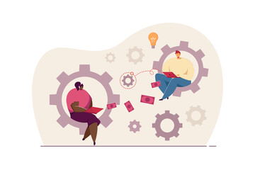 Man and woman sitting with laptops on gear-wheels. Workers working together flat vector illustration. Teamwork, business, brainstorming concept for banner, website design or landing web page