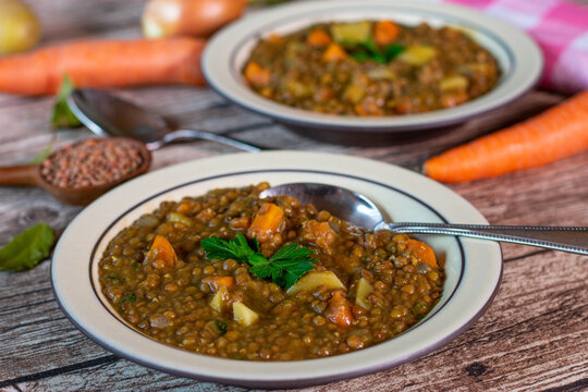 A Plate With Fresh Cooked Vegetarian And Vegan Lentil Soup