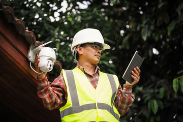 Technician installing IP  wireless CCTV camera installing security equipment water proof cover to...