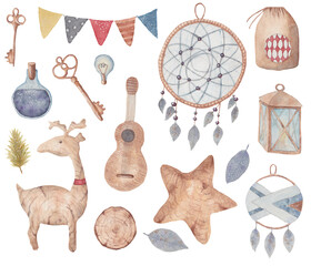 Watercolor illustration of vintage and eco-friendly elements