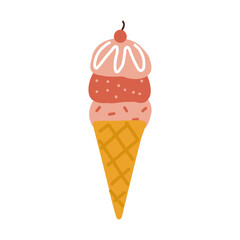 Strawberry ice cream in cone with cherry Illustration