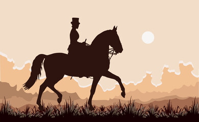 Fototapeta premium young woman in a woman's saddle riding a black horse